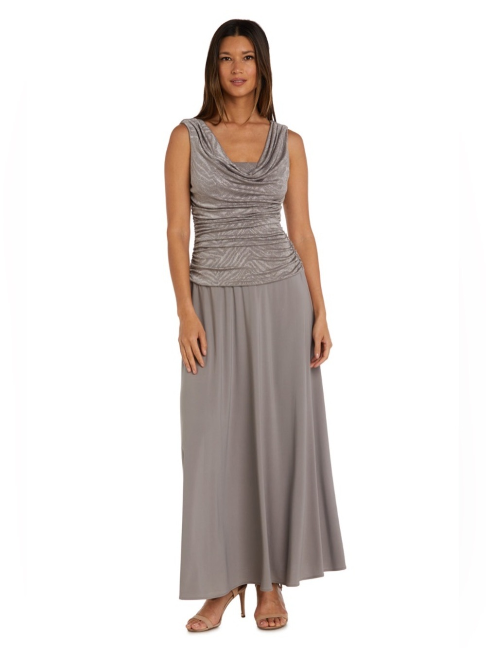 NWT Champagne Size 12 Glitter Ruched Maxi Dress Cowl R&M Richards Evening Guest